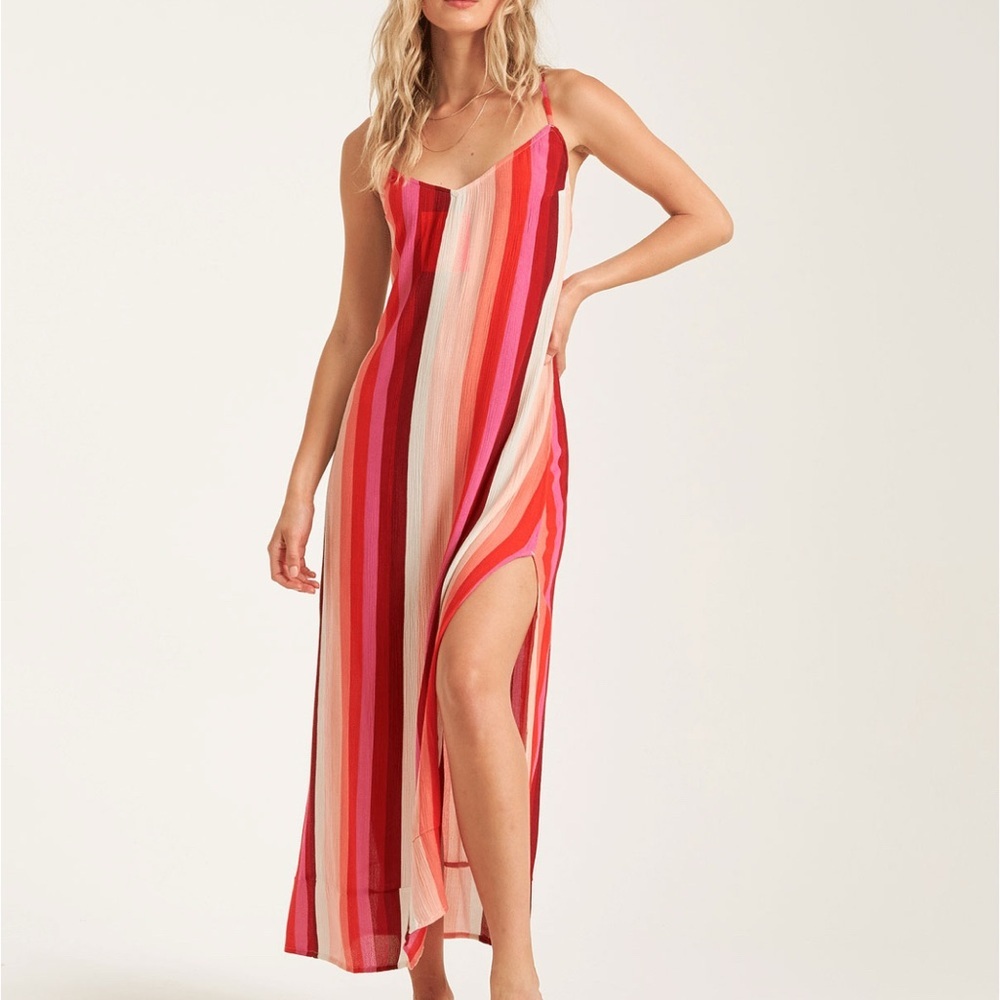 Billabong Striped Pink Red Cream Maxi Swim Coverup